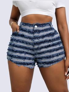 Women's Fringe Trim Denim Shorts, Casual Fashion Pocket Design Shorts for Daily Wear, Ladies Bottoms for Summer, Micro Shorts