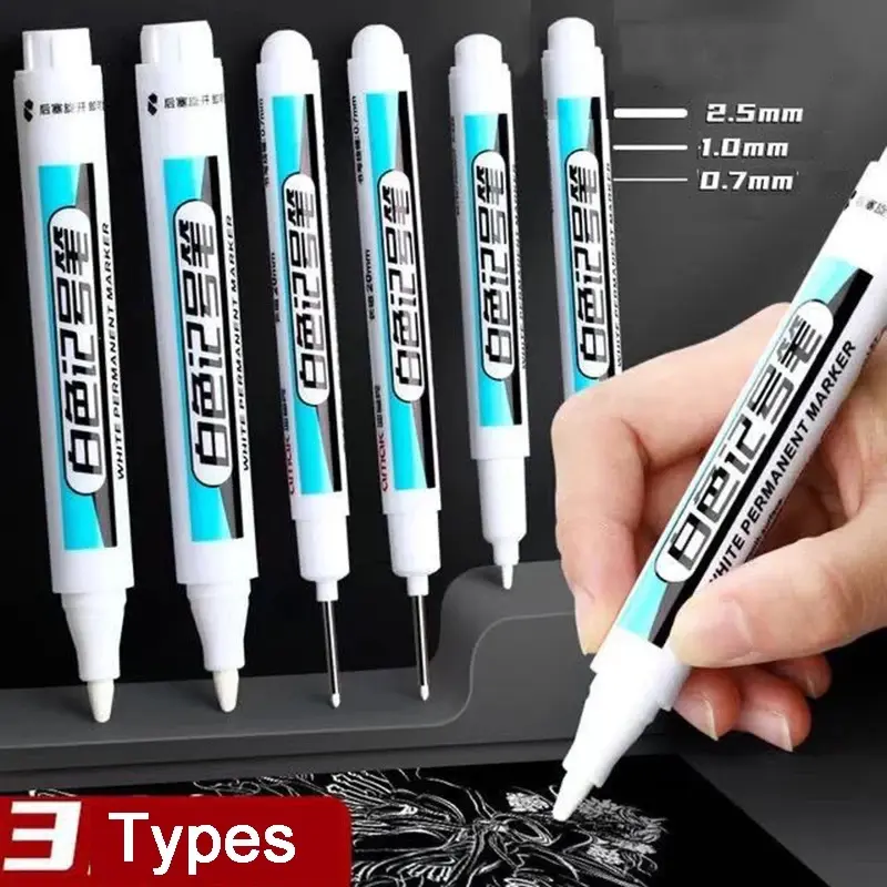 Pen penanda putih berminyak kekal, 0.7/1. 0 / 2.5mm, pen gel putih kalis air, DIY, Graffiti, lakaran, alat tulis peralatan sekolah, kedai mencari rumah