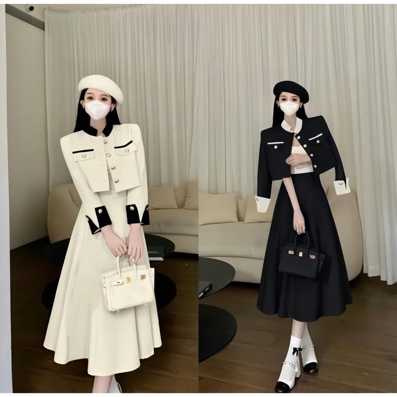 Hàng Sẵn 3 Size : Sét Váy Áo Nhung Cổ Tàu Phối Đen Trắng 2 Màu Mix Chân Váy Xòe Dài Midi Kèm Ảnh Thật SV.113