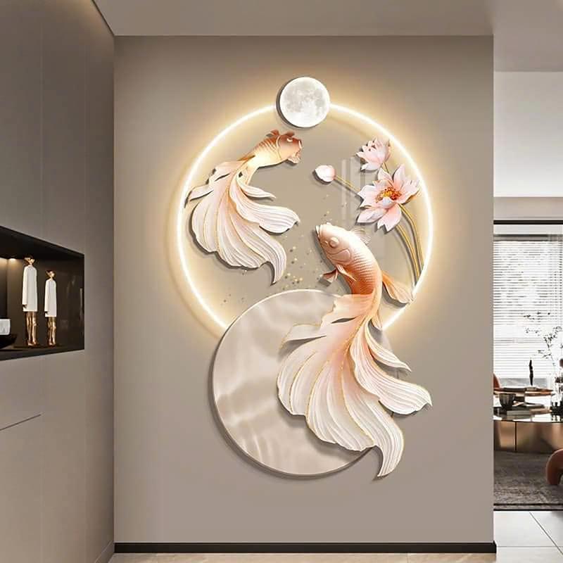 Tranh Tráng Gương Đèn LED Cửu Ngư Quần Hội trang trí nhà cửa decor phòng nhà hàng Treo Phòng Decor Tường Treo Tường 6