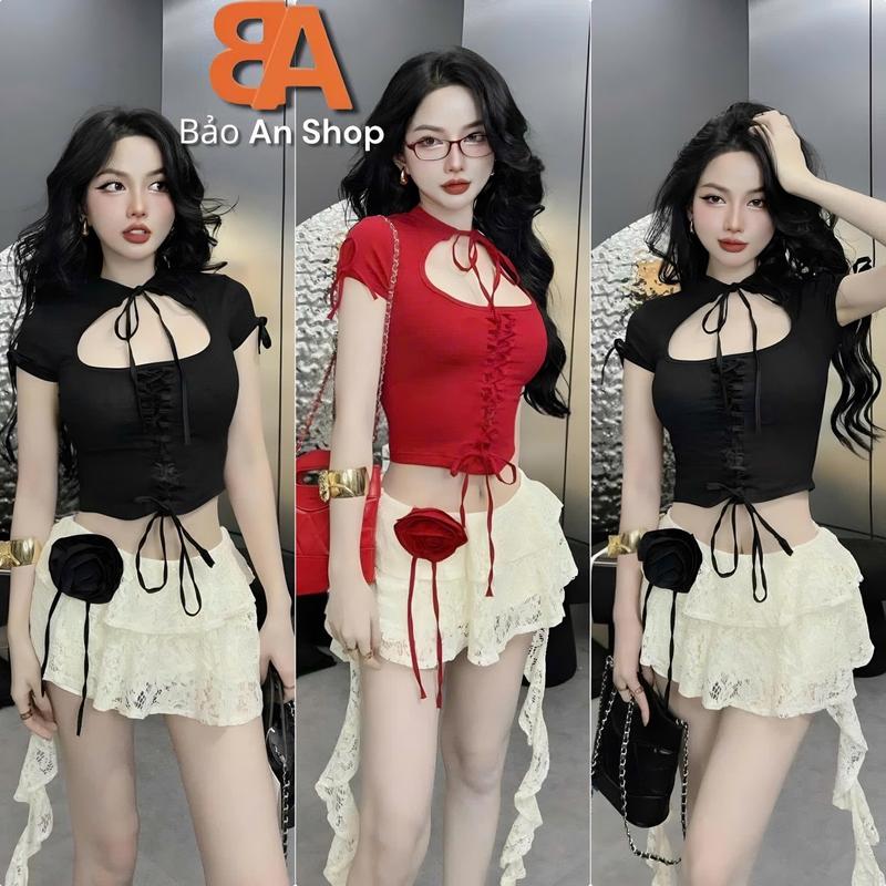 Product Introduction of [SB43] Sét bộ nữ 2 món áo tay ngắn đan dây và chân váy ren tua rua có quần bí trong Nữ Women Voi Thun Top Sen 13