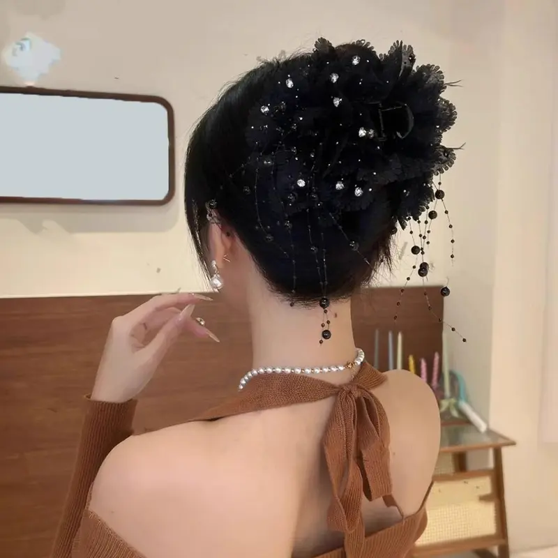 Kẹp Tóc Hạt Hoa Lưới, Cỡ Lớn, Kẹp Tóc Tua Rua Lông Vũ, Phụ Kiện Cổ Điển Kẹp Tóc Đuôi Ngựa Cho Nữ, J7L4 8