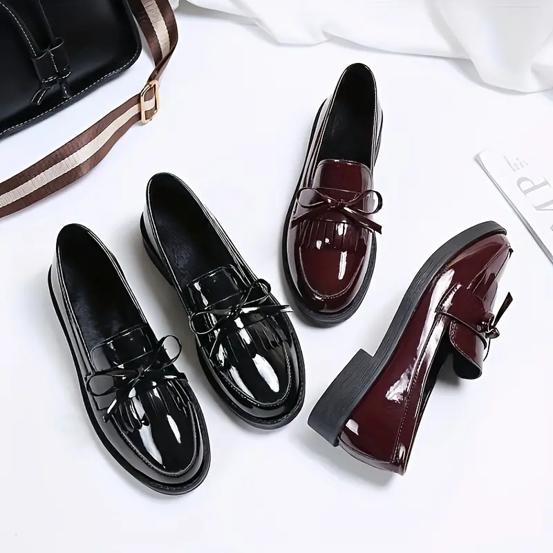Preppy Solid Color Round Toe Slip-on Women'S Shoes, English Style, All-season, with Bow Embellishment, Made of Man-made Materials, Faux Sole and PVC Insole, with Fabric Inner Material, Hand Wash Only 0