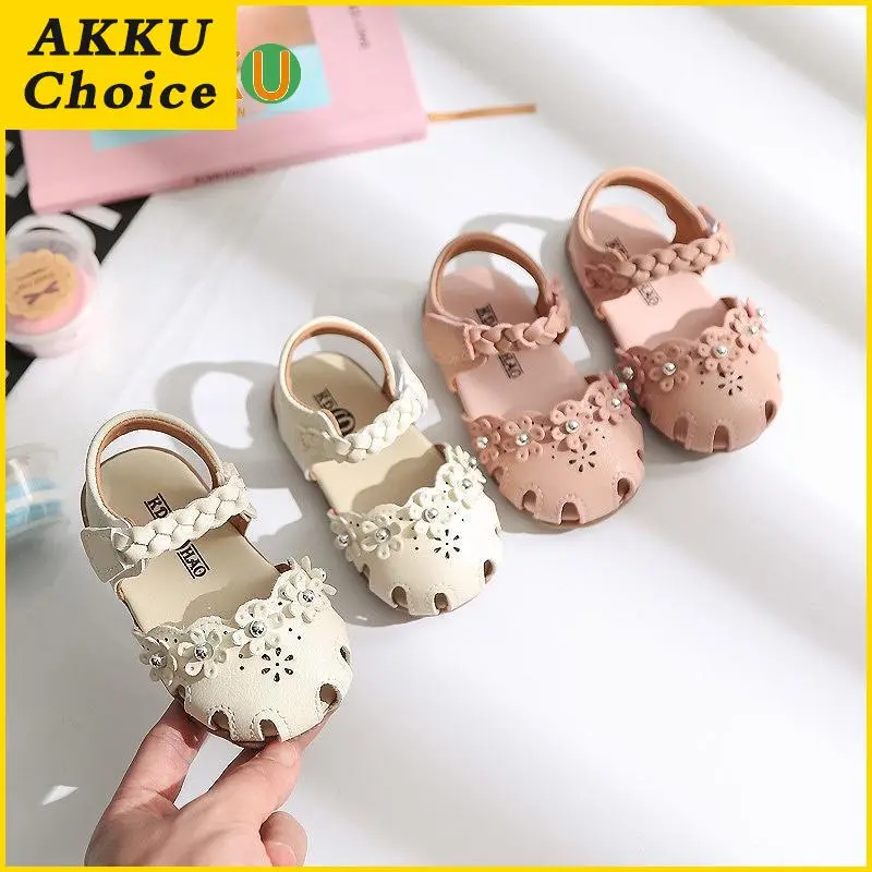 Baby Girls Sandals Summer New Bag Princess Shoes Toddler Shoes Korean Version Casual Breathable Non-slip Flower Velcro Toddler Shoes AKKU Choice