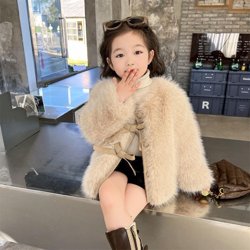 Áo Khoác Bé Gái, Lông Giả, Áo Len Lông Thú, Nơ Trẻ Em, Áo Nhồi Bông Phong Cách Phương Tây, Quần Áo Mùa Thu Và Mùa Đông, Mới Cho Năm 2024 2