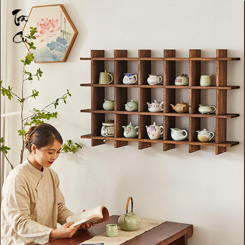 Giá Treo Tường Gỗ Thông Vuông Trưng Bày Đồ Trà Đạo Màu Hạt Dẻ, Đựng Sách Kệ Sách Kệ Trang Trí Nhà Decor Phòng