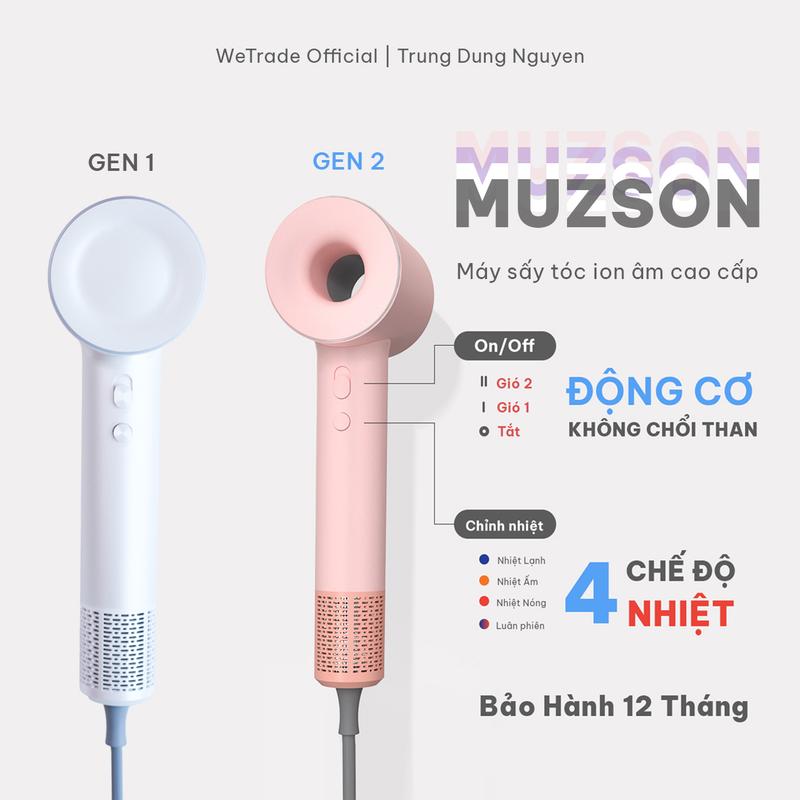   MUZSON CAO CẤP 2026  Máy sấy tóc NAM NỮ ion âm MUZSON công suất 1600W có sấy tóc nóng lạnh độc lập hàng nhập khẩu chính hãng bảo hành 12 tháng 