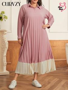 CURVZY Plus Size Patchwork Pleated Long Sleeve Dress, Casual Collared Dress for Daily Outdoor Wear, Women Plus Clothing for All Seasons