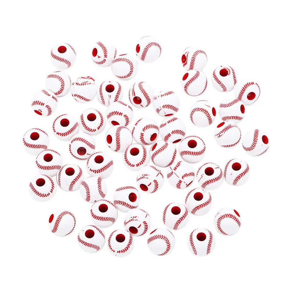 50pcs Baseball Style Acrylic Round Loose Beads Spacer Beads