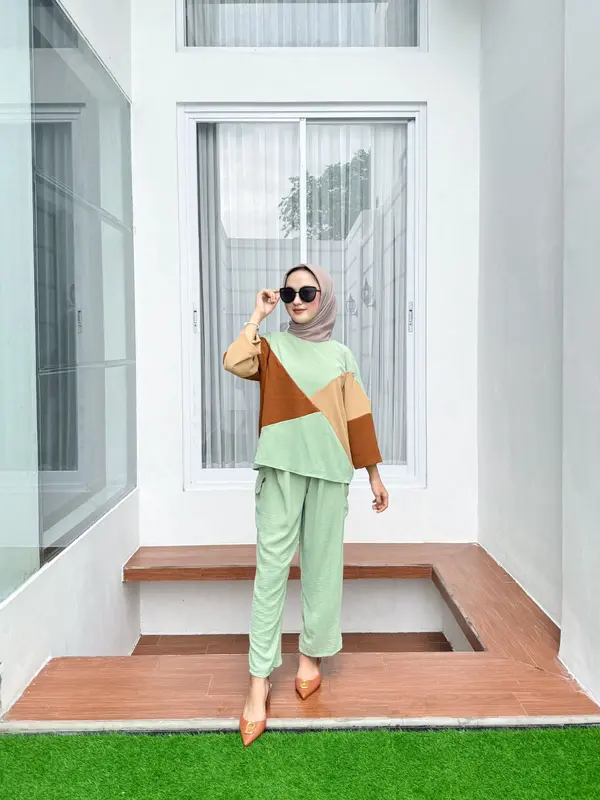 db - AURA baju setelan muslim wanita kekinian korean style remaja dewasa crinkle airflow celana panjang atasan 3/4 terbaru 2025 baju set santai Kulot Casual 6