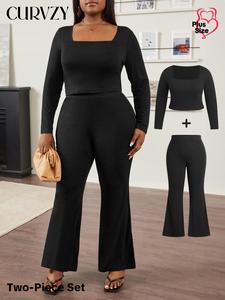 CURVZY Plus Size Autumn Aesthetic Solid Square Neck Crop Tee & Flare Leg Pants Two-piece Set, Casual Long Sleeve Top & High Waist Trousers for Daily Wear, Women's Two-piece Outfits for Fall