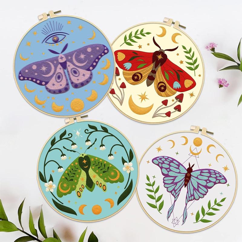 Butterfly Pattern Embroidery Kit, 4 Counts/set DIY Embroidery Cloth Kit with Random Color Tools, Embroidery Supplies for Beginners & Handmade Lovers 4