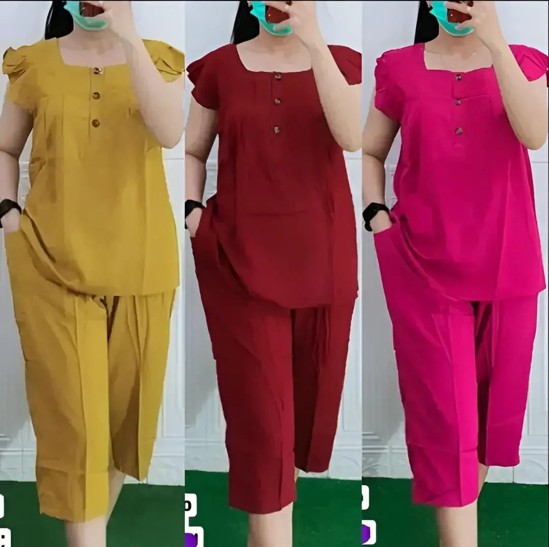 Setelan Bangkok 7/8 Bahan Rayon Crinkle Airflow Premium Oneset Polos Setelan Wanita Dewasa Oneset Santai Kancing Baju Atasan Celana Panjang Di bawah lutut