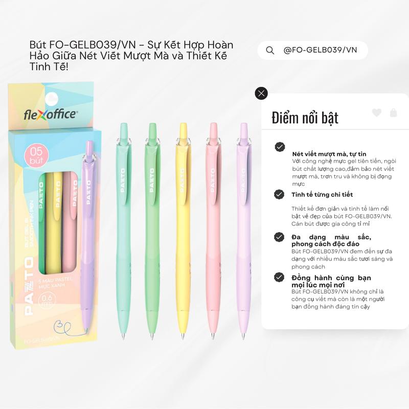 Bút gel B màu Pastel Thiên Long Flexoffice Pazto FO-GELB039/VN - Mực xanh (5 cây)