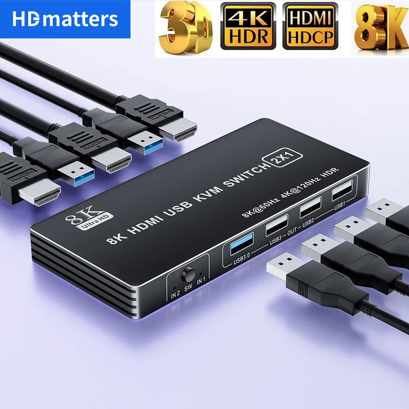 HDMI 2.1 KVM switch 4K 120Hz with dual USB port 8K HDMI KVM switch HDMI 2.1 hub switcher 4K 60Hz HDMI switch KVM USB 0