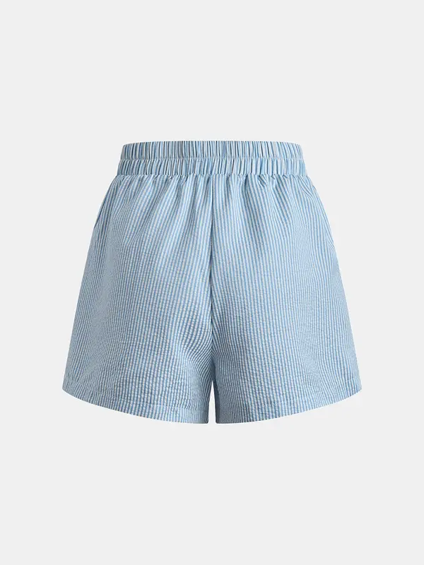 YOZY  Striped Print Drawstring Waist Elastic Waist Pocket Shorts, Casual Elastic Waist Straight Leg Shorts, Women's Summer Shorts for Daily Wear 1