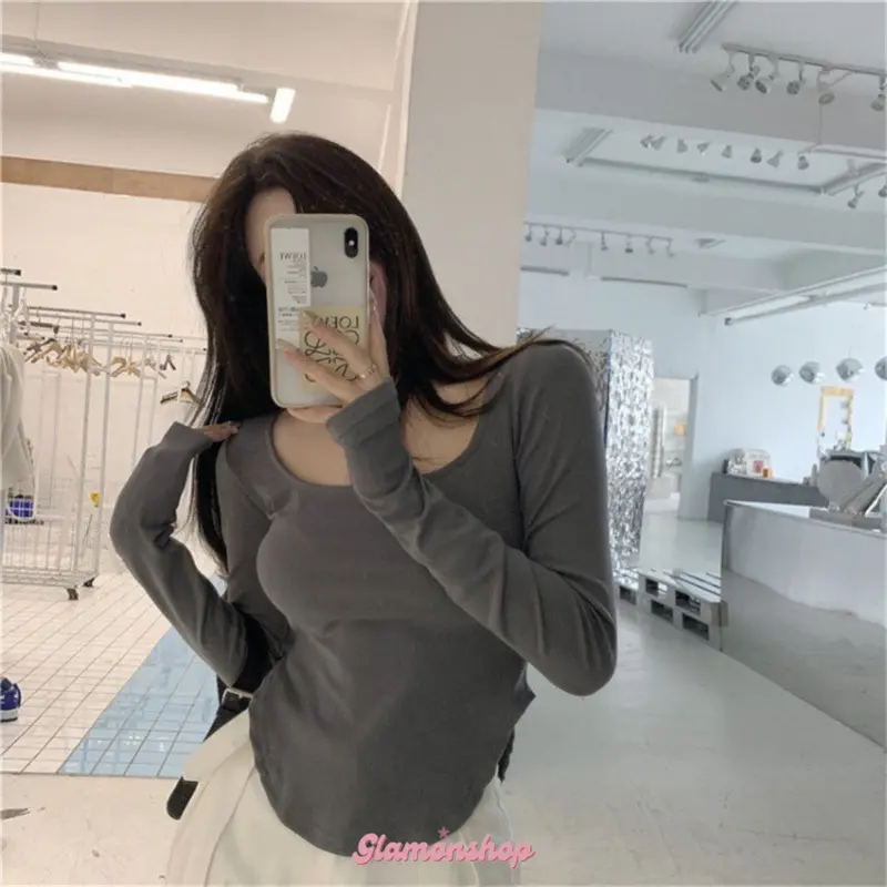 Glamonshop BJ256 Baju Wanita Fasion Lengan Panjang Kaos Polos Korea Spandek Long Sleeve Atasan Lembut Oversize Spandex Hitam Oblong Basic Manset Tangan Dalaman 5