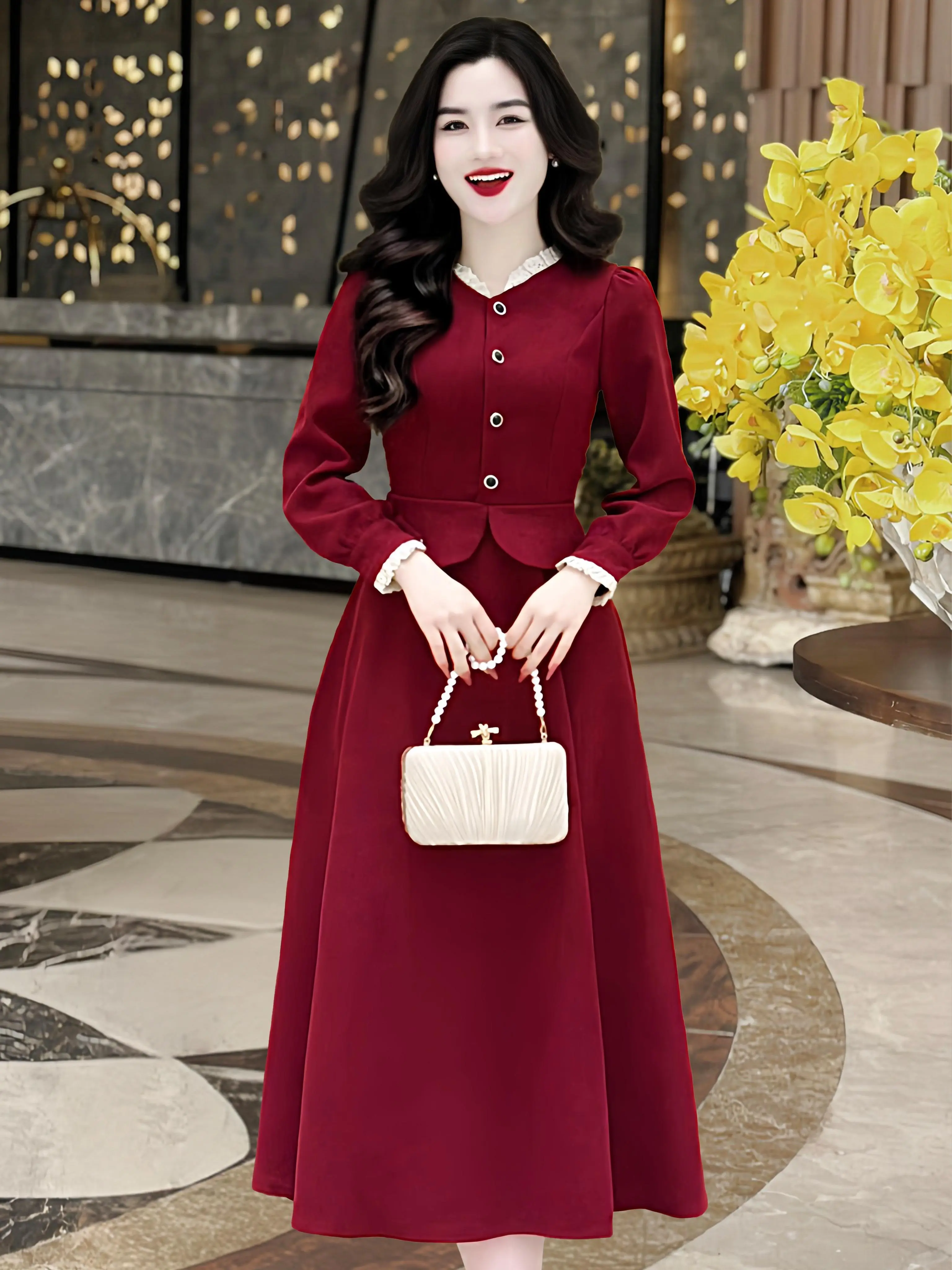 [MIỄN SHIP] MDU1956 Váy Tuyết Nhung 2 Lớp - Thiết Kế Dáng Xòe Quý Phái Dành Cho Nữ Dress
