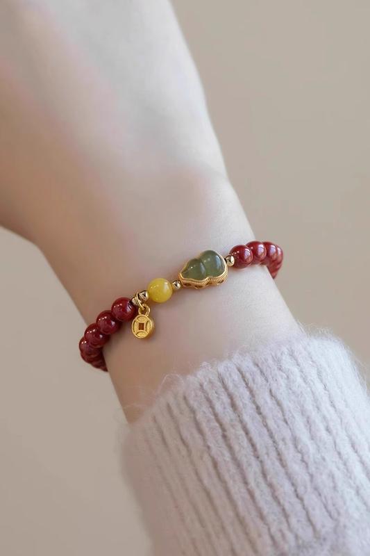 Product Introduction of Vòng Tay Chu Sa, Cao Cấp, Dành Cho Nữ, Làm Bằng Đá Tự Nhiên, Thiết Kế Hình Quả Bầu, Dát Vàng, Dát Ngọc Bích, Phong Cách Cổ Trang, Vòng Tay Năm Sinh Đính Cườm Fu Lu 5