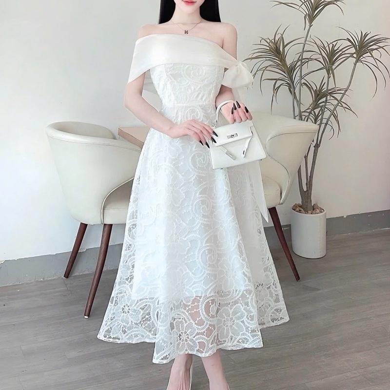 Váy thiết kế ren trễ vai dáng dài phối tơ NQtl2 3