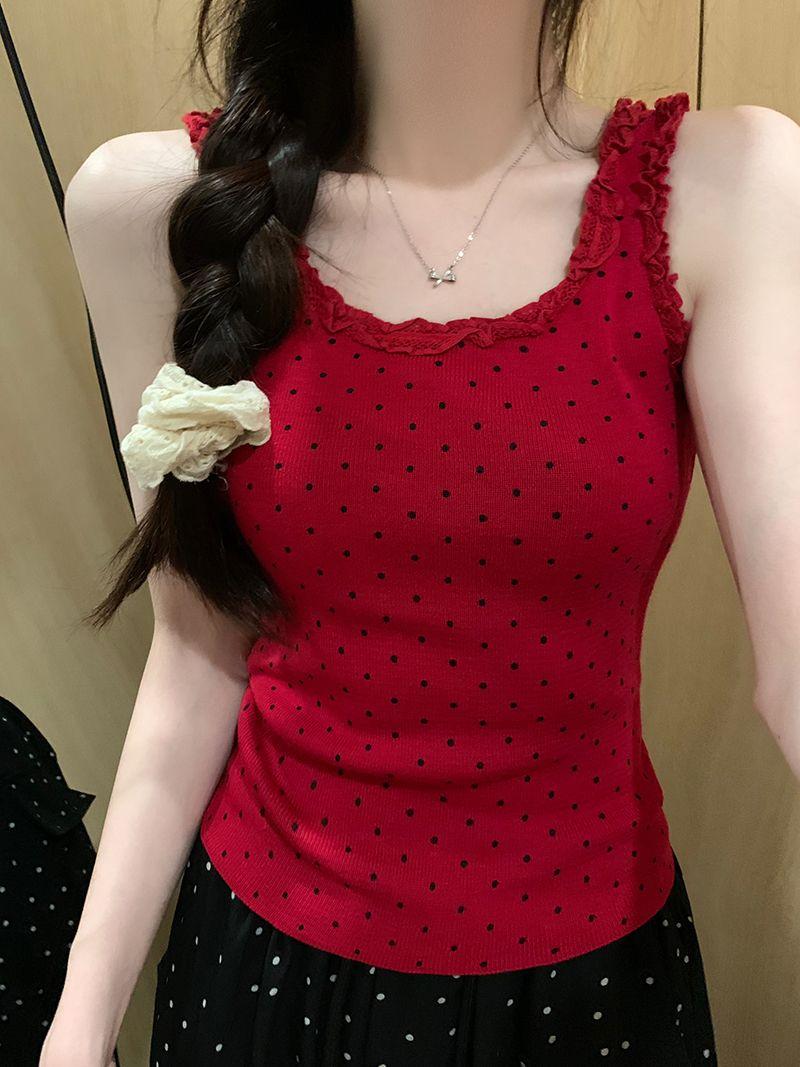 Product Introduction of Red Polka Dot Lace Camisole Women's Summer Slim-Fit Short Sleeveless Top 10