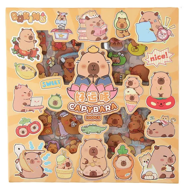 Hộp 100 tấm sticker Capybara, miếng dán DIY trong hình Capybara nhiều mẫu, chuột lang đáng yêu cute 6