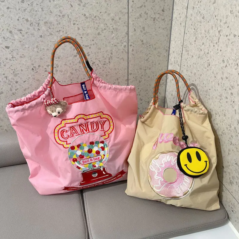 Ball Chain Japanese Niche Embroidered Green Shopping Bag Nylon Fashion Waterproof Large Capacity Shoulder Handbag