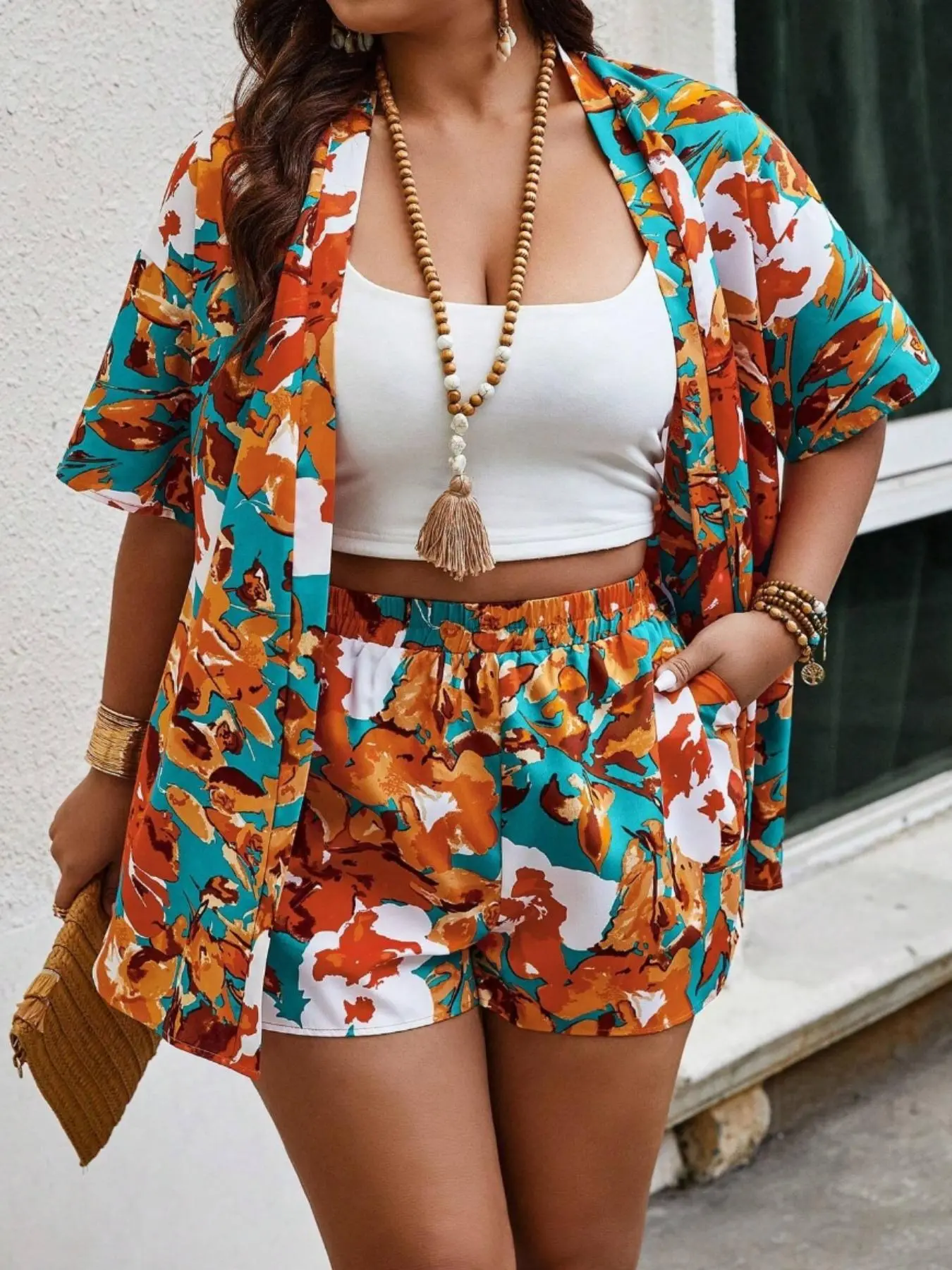 2 Counts Plus Size Floral Print Two-Piece Set without Cami Top, Casual Half Sleeve Outwear & Pocket Shorts for Summer, Women's Lounge Outfits for Daily Wear
