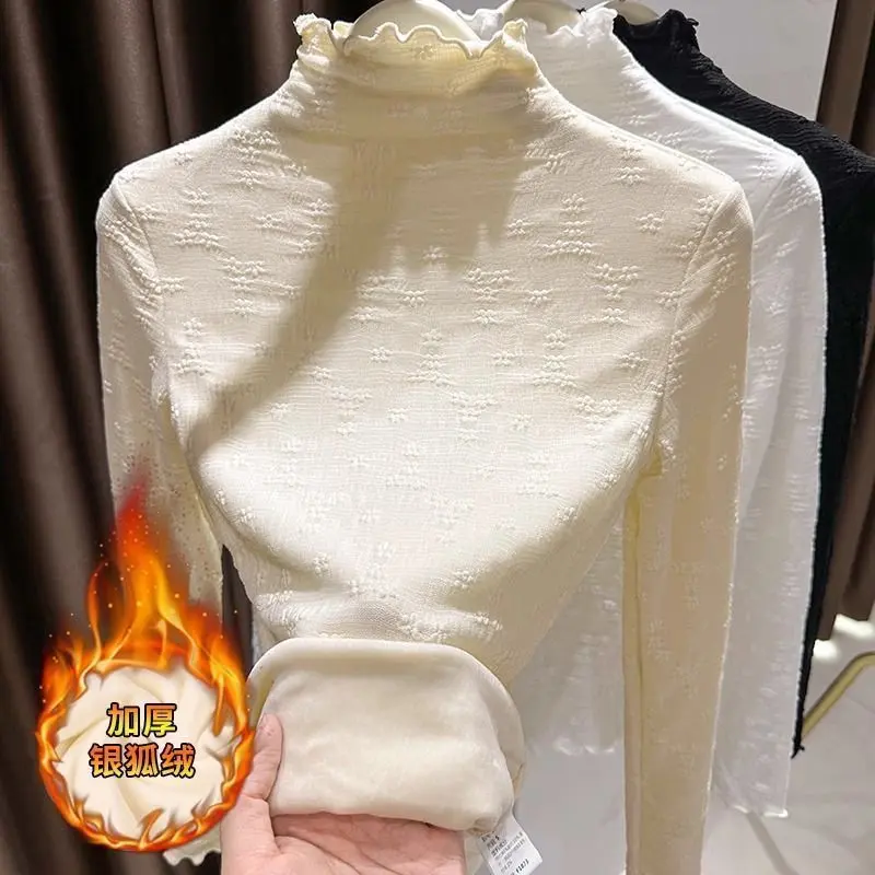 Áo Sơ Mi Lớp Nền Ren Có Đệm Nhung, Cổ Lọ, Dành Cho Nữ, Phong Cách Phương Tây Mùa Thu Và Mùa Đông, Có Thể Mặc Bên Trong, Dày Dặn, Với Đường Viền Dệt Kim, Hàng Mới Về 2024