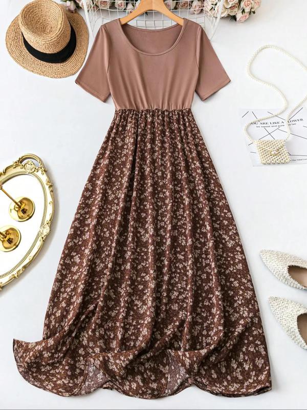 【Plus Size】Ditsy Floral Print Scoop Neck A Line Dress, Boho Casual Short Sleeve Long Dress for Daily Outdoor Wear, Summer Dress, Women Plus Clothing for All Seasons, Womenswear 4