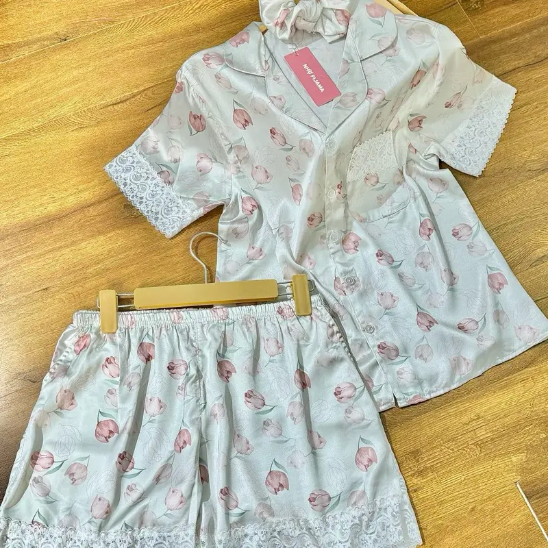 M114 NHỌ PYJAMAS Bộ mặc nhà HOA TRÀ XANH phối ren tiểu thư sang chảnh 7