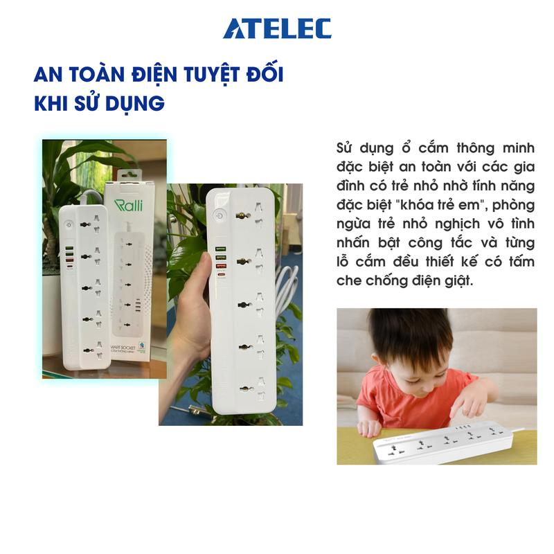 (23) Ổ cắm wifi dài thông minh ATELEC OC09 - 5 cổng - Kết nối không dây qua Wifi, Điều khiển độc lập qua APP Sạc nhanh USB max 20W 4