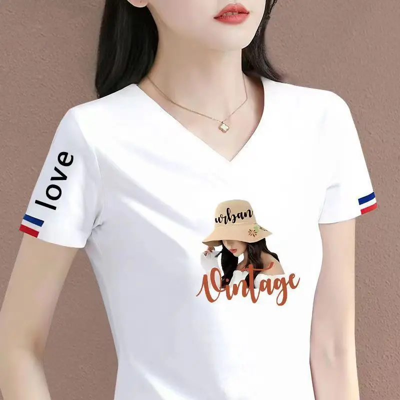 Áo Thun Cotton Ngắn Tay Áo, Hàng Mới Về Mùa Hè 2024, Dành Cho Nữ, Cổ Chữ V, Có Khâu Vai, Dáng Ôm, Áo Thời Trang Top Women