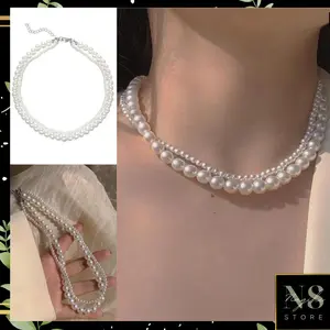 Kalung mutiara wanita double choker korean style
