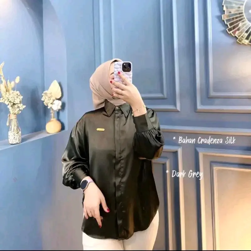 Kemeja shimmer CRADENZA silk grade A.atasan wanita, kemeja wanita lengan panjang Baju Balon 3