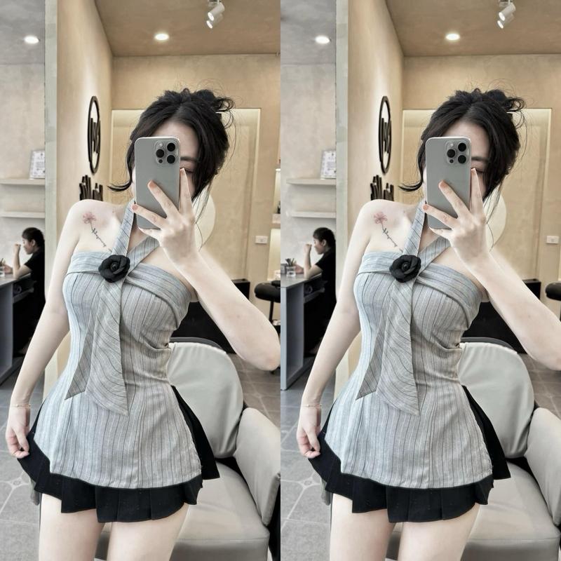 Set Áo Dây Choàng Cổ Đính Bông Kèm Chân Váy Xếp Ly ( có mút , có dây kéo ) - Dành Cho Nàng Đi Tiệc