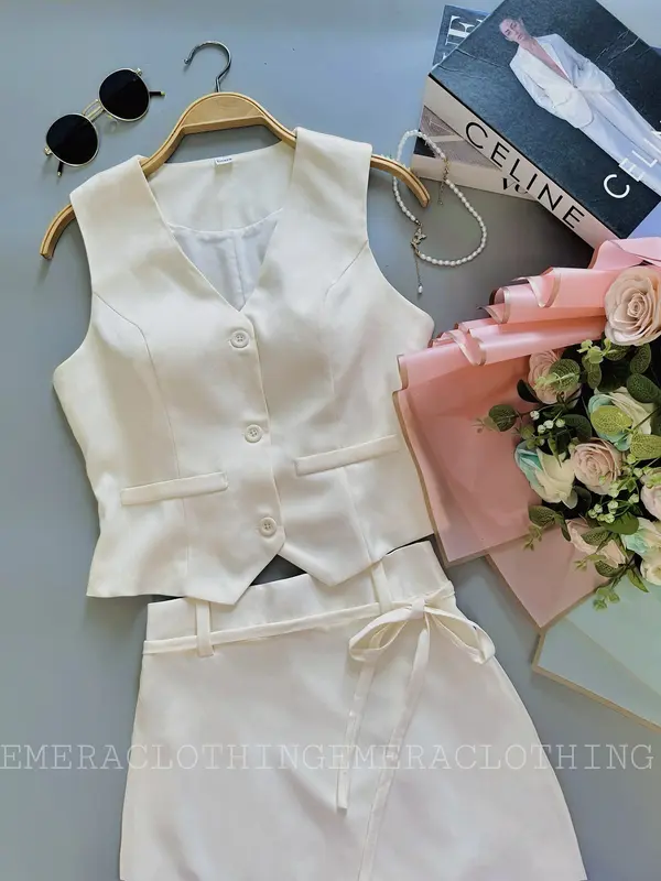 Set thiết kế váy áo Amelia màu Kem- áo croptop gile và chân váy dáng dài sang chảnh, thời thượng Nữ Women Kaki váy gile  nữ đồ tết 2