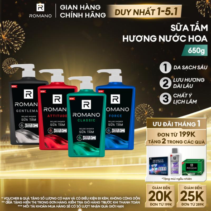 DUY NHẤT 1-5.1 Sữa tắm Dưỡng Thể cho nam Romano hương nước hoa Classic Attitude Force Gentleman 650g chai - 4 mùi hương có sẵn