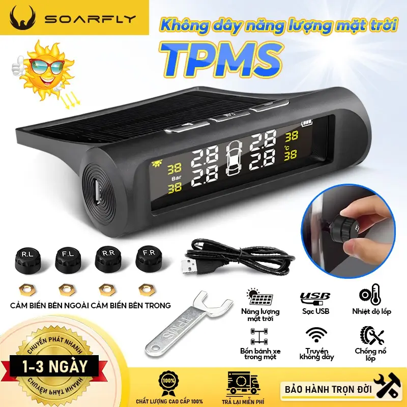 🔥🔥【TPMS】Cảm Biến Áp Suất Lốp Ô Tô Lốp Van Ngoài TPMS Pin Sạc Năng Lượng Mặt Trời Màn Hình+Bảo Hành
