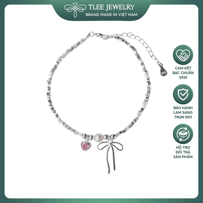Lắc tay bạc nữ TLEE vòng tay hạt vỡ mix trai nuôi nước ngọt ,charm nơ thắt và trái tim đá hồng xinh xắn TLEE JEWELRY LT0212