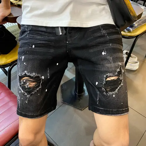 Quần short bò nam Dsq khoá lệch rách vẩy sơn