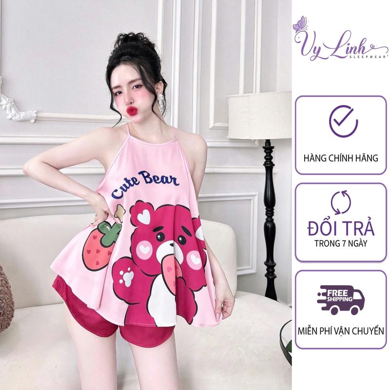 Bộ Đồ Yếm Ngủ Nữ Dễ Thương Chất Liệu Lụa Latin Cao Cấp Mềm Nhẹ Mát  s1264 ngan dobo tay  Kem