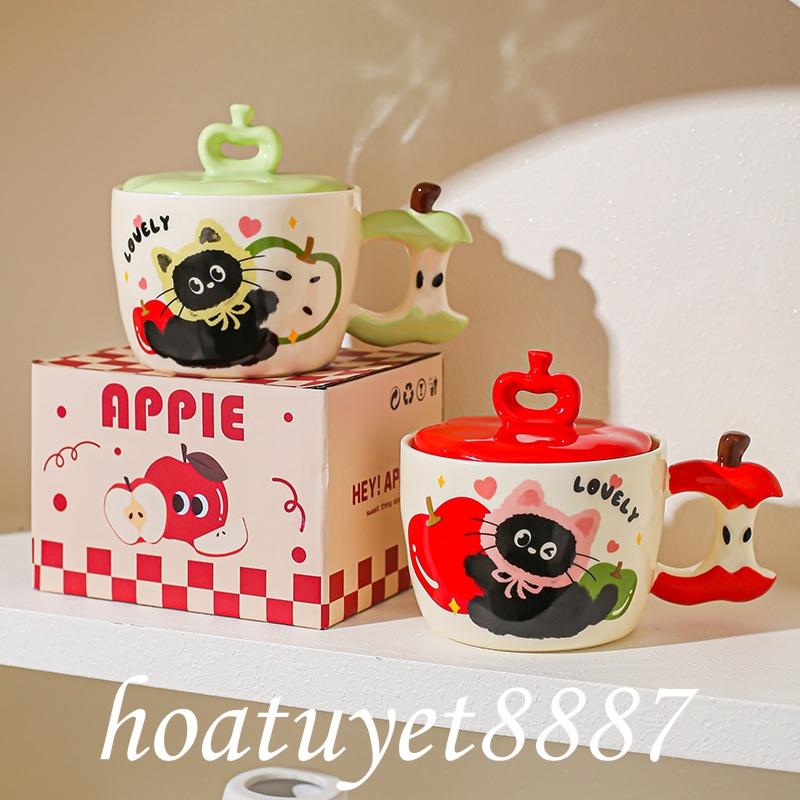 Cốc sứ Táo in hình mèo dễ thương có nắp Ly cốc sứ uống nước hình mèo dễ thương cốc sứ quà tặng