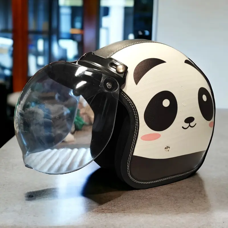 Helm Bogo Kulit Full Leher Retro Wanita Dewasa SNI Motif Mata Panda Putih Kaca Datar Motor Motorcycle Sepeda 0