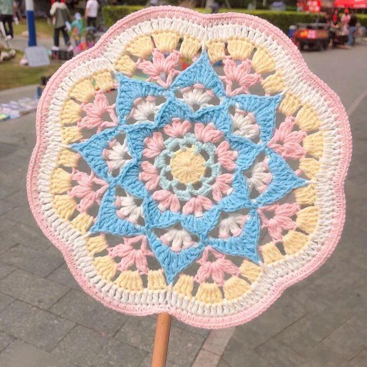 Product Introduction of Boredom Relief Yarn Handmade Weaving Dunhuang Color Scheme Ancient Style Round Fan Crochet Chinese Fan DIY Materials Handmade Gift 8