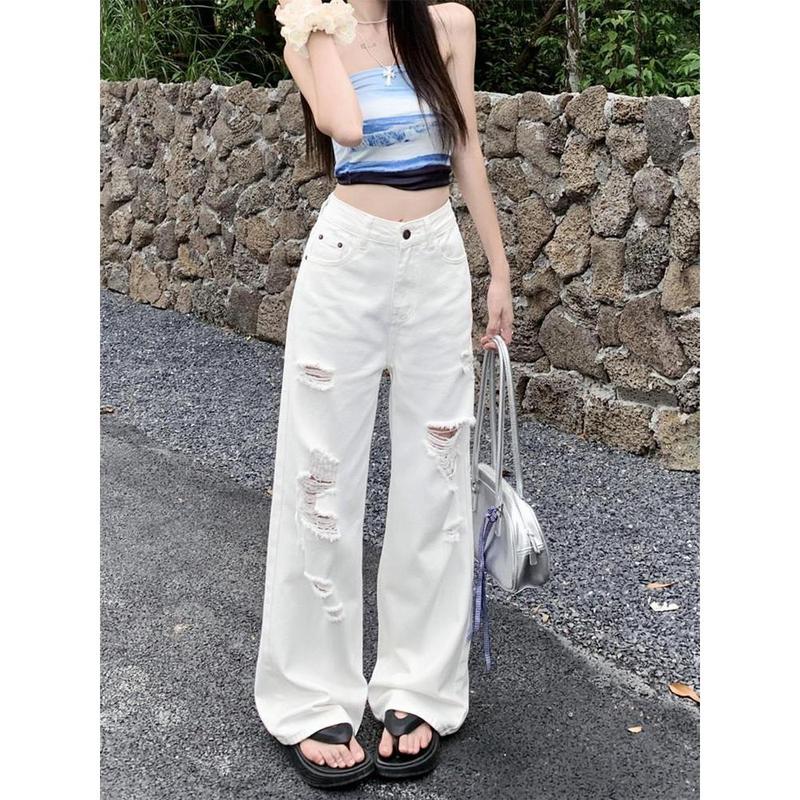 Quần Jean Ống Đứng Rách, Màu Trắng, Dành Cho Nữ, Thiết Kế Cạp Cao Mùa Hè Mới, Quần Dài Đến Sàn Ống Rộng Độc Đáo, Thời Trang Hợp Xu hướng Dễ Phối Đồ 0