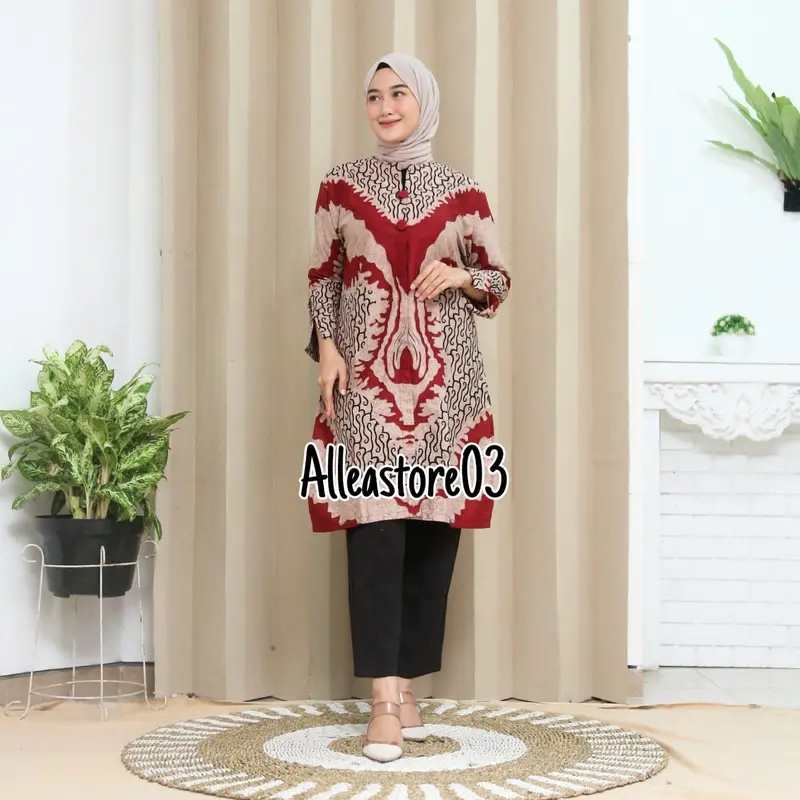 Tunik Kancing terbaru modern dress, Pakaian muslim wanita lengan panjang tunik batik Katun Nyaman 3