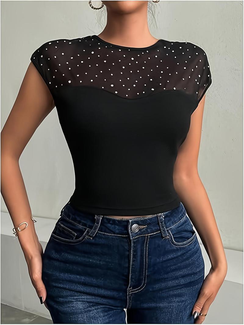 Product Introduction of Women's Contrast Sequins Sheer Top, Elegant Fashion Casual Crew Neck Top for Daily Outdoor Wear, Women Clothing for Summer 5