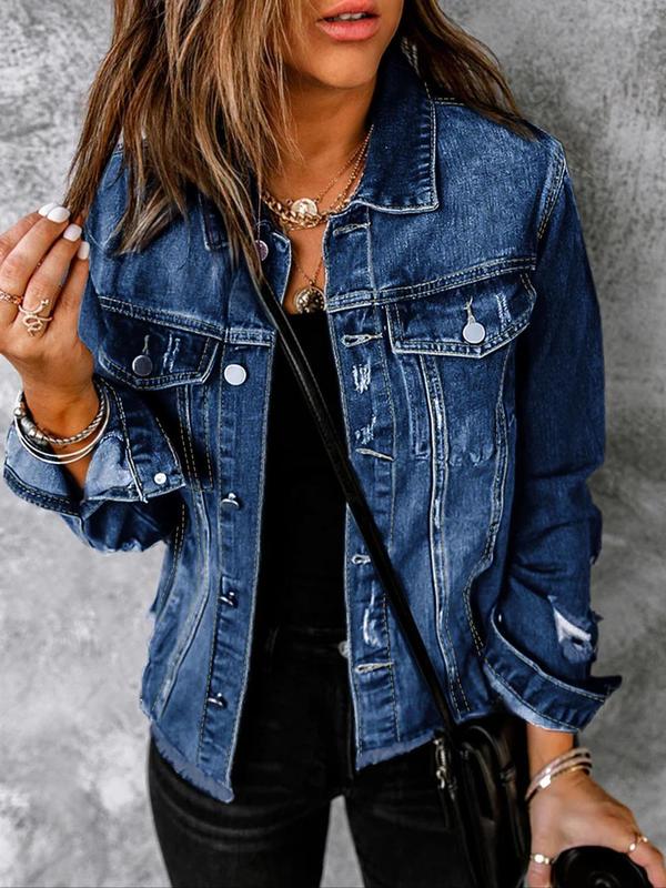 Women's Plain Ripped Button Front Denim Jacket, Casual Long Sleeve Collared Raw Hem Jacket for Daily Wear, Ladies Clothes for All Seasons 4
