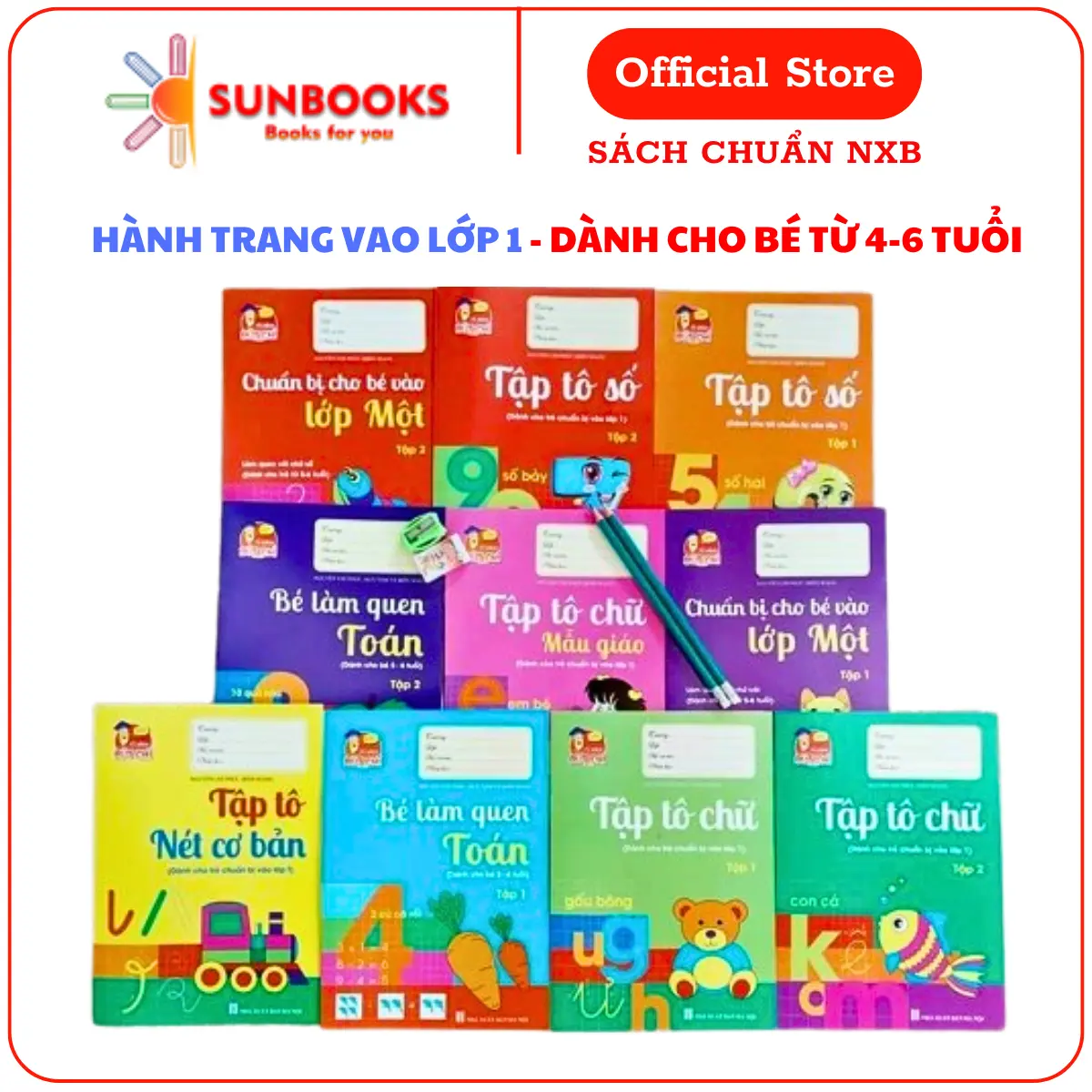 Bộ 10 Cuốn Tập Tô, Tập Viết Chữ, Số - Tặng kèm 2 Bút Chì, 1 Tẩy Và 1 Gọt - Hành Trang Cho Bé Vào Lớp 1